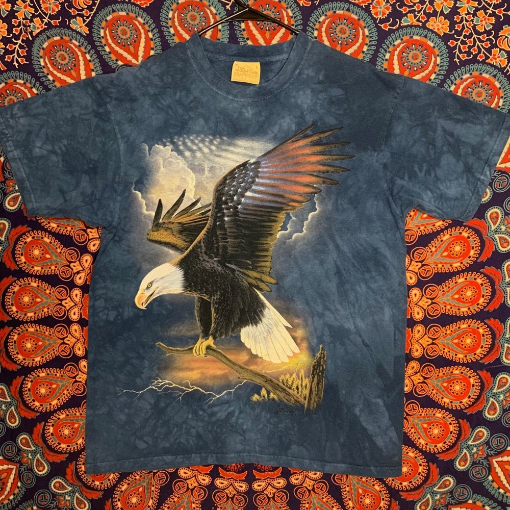 The Mountain Blue Tie Dye American Flag Bald Eagle Graphic Print Graphic Tshirt